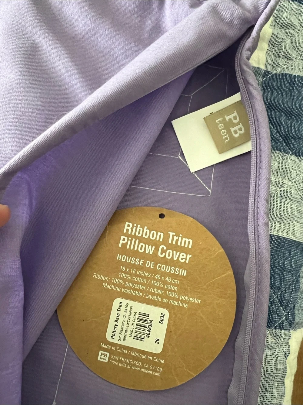 Pottery Barn Teen Lavender Pillow Cover with Cream Trim and 'G' Monogram